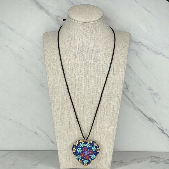 Floral Painted Glitter Puffy Heart Pendant Cord Necklace - Picture 1 of 7